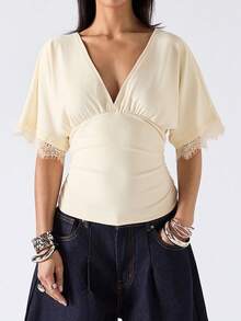 LYSMO 2026 新款极简主义春夏女装时尚性感深V蕾丝拼接腰部T恤/夏季/夏季/夏季上衣/夏季/春季/春季/春假/春季/派对上衣/海滩/海滩/海滩/婚礼及活动/外出上衣/外出上衣/女士外出上衣/外出/外出上衣/外出/母亲毕业典礼/优雅/度假/假日/度假/假日/度假/假日/海滩度假/黄色上衣/Y2K/波西米亚风 - 黃色 - 查看 5