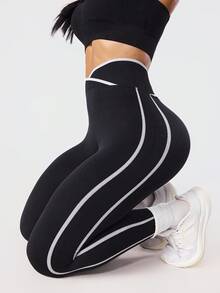 Dewbera 1pc Moisture-Wicking Contrast Color Basic Seamless Sports Pants, Suitable For Fitness, Yoga - Multicolor - View 1