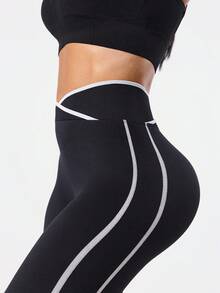 Dewbera 1pc Moisture-Wicking Contrast Color Basic Seamless Sports Pants, Suitable For Fitness, Yoga - Multicolor - View 7