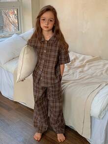 DAZY Tween Girls Plaid Print Short Sleeve Top And Pants Pajama Set - Brown - View 4