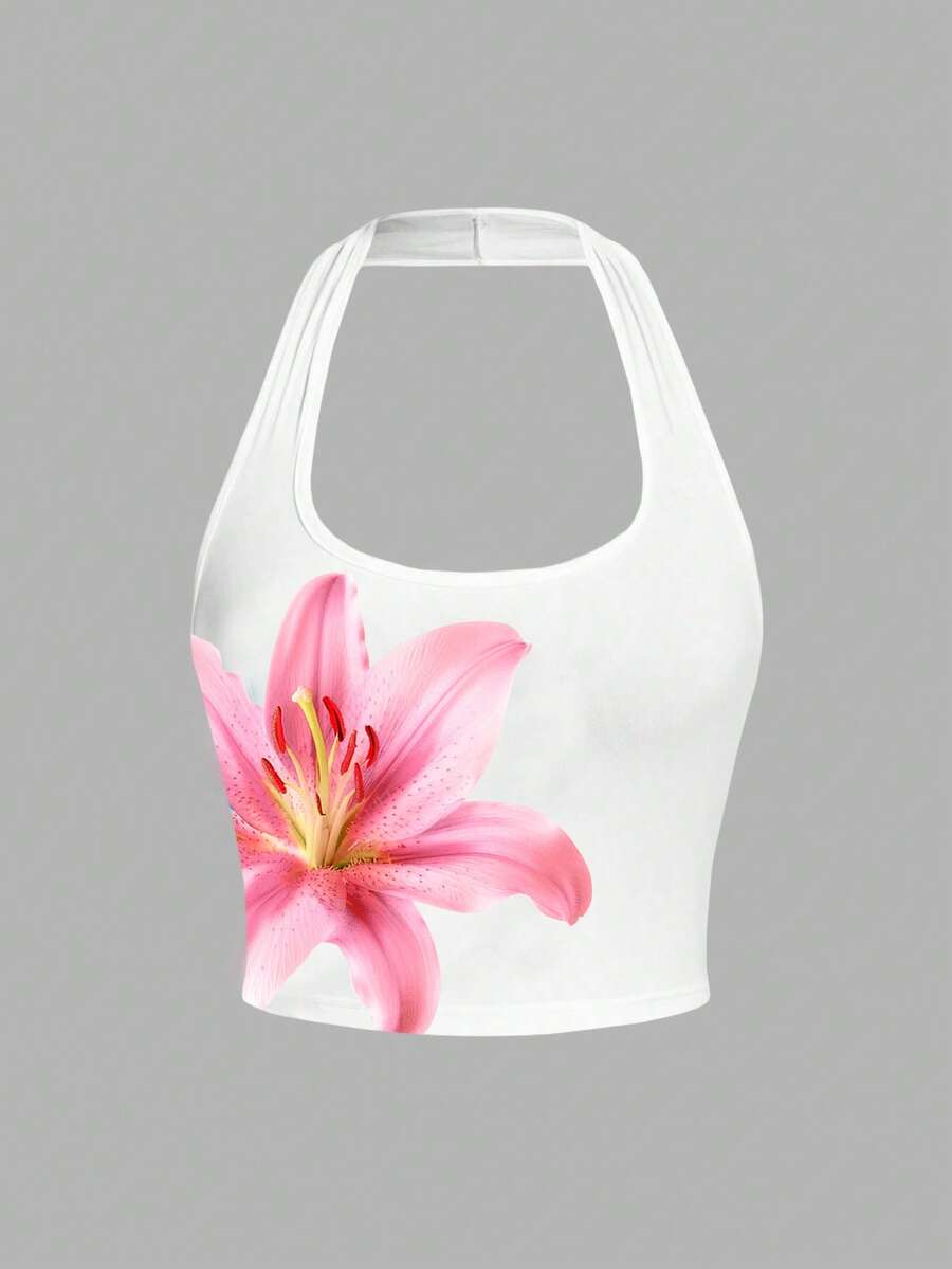 SHEIN Girlism Kids Teen Girls Casual Floral Print Camisole, Suitable For Summer Vacation, Music Festival, Beach, Romance Graphic Crop Top Halter Top Summer Top Flower Top Crop Top - White - View 1