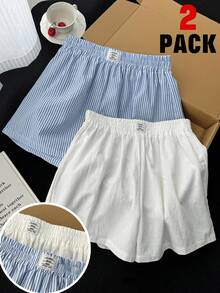 SHEIN 2pcs/Set Teen Girl Summer Casual Loose Fitting Shorts,Linen Striped And White Drawstring Wrap Shorts Set For Beach Holiday,Cotton Boxers - Blue and White - View 1