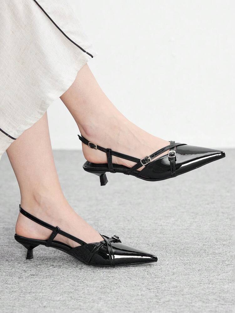 CUCCOO BIZCHIC Women's Pointed Toe Patent Leather Black Criss-Cross Strap Comfortable High Heel Pumps, Versatile For Work And Casual Wear Spring Shoes