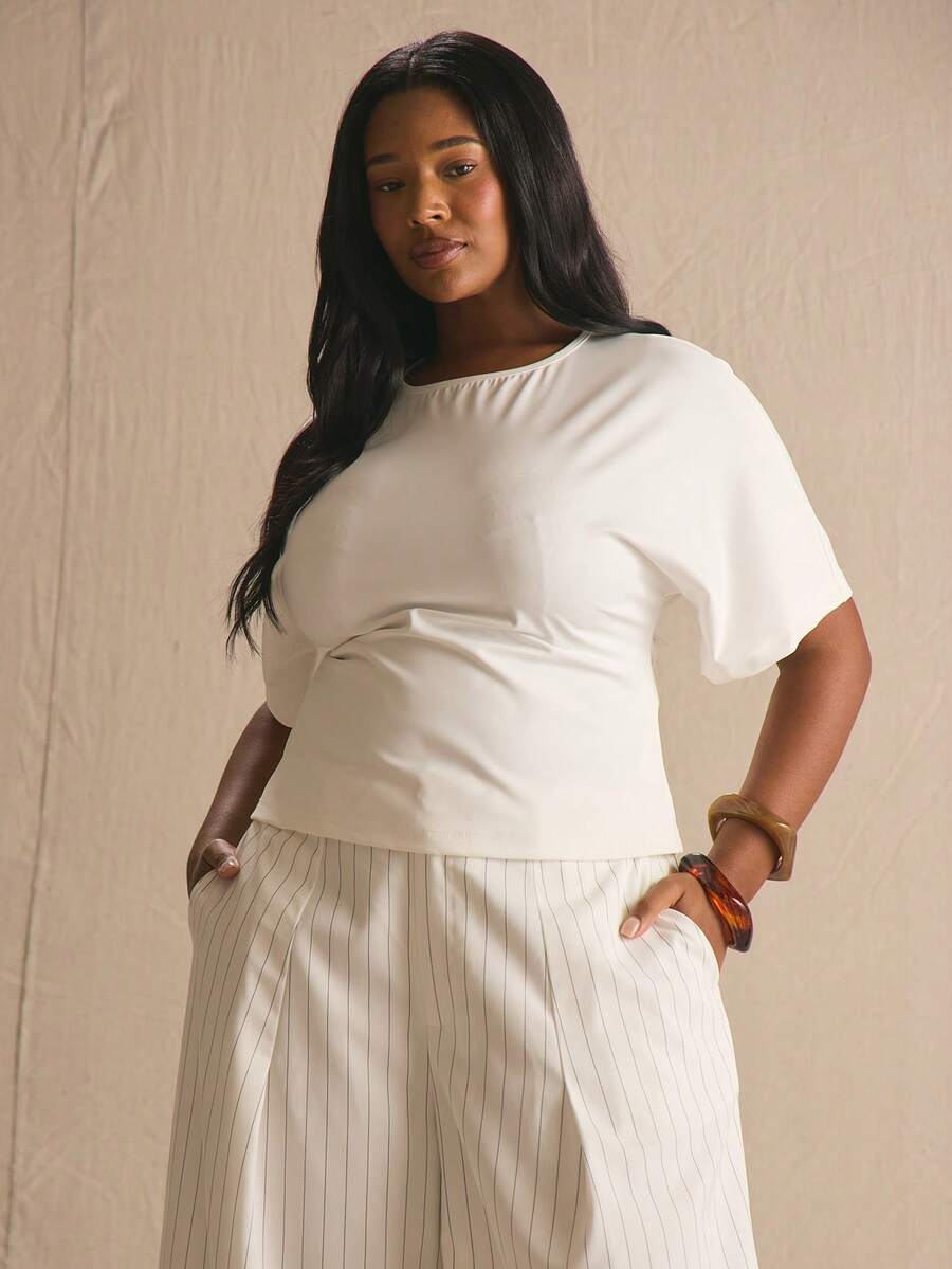 MUSERA Plus Size Cinched Waist Short Sleeve Top Spring Summer Elegant Cute Vacation Casual Everyday Sunlight Social Holiday Office Work Mothers Day Luxury - White - View 1