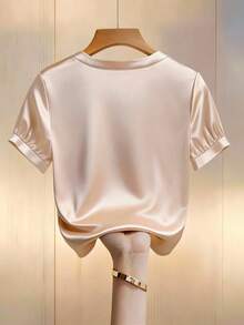 SHEIN Clasi Blusa de satén elegante con cuello redondo y manga corta, con cuentas, talla grande, adecuada para volver al colegio, fiestas, Navidad, bodas, Día de la Madre, festivales de música, San Valentín, primavera/verano - Albaricoque - Ver 2