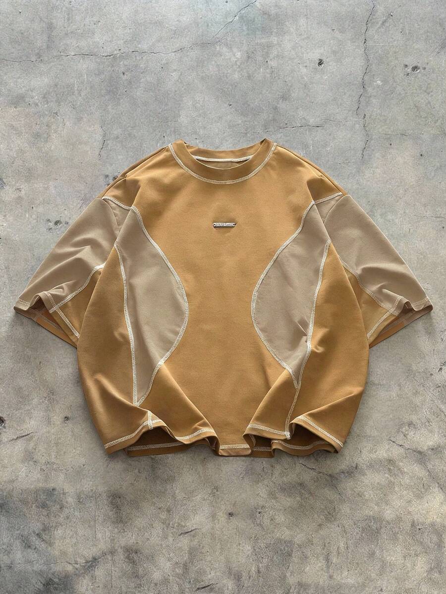 AXEPEAK Plus Size Men's Casual Fashionable Contrast Stitch Colorblock Short Sleeve T-Shirt, Summer - Yellow - View 1