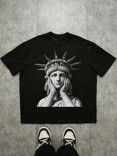 青少年男童休闲印花短袖T恤，适合夏季穿着，经典胜利女神头像印花，街头文化图案印花，Y2K风格