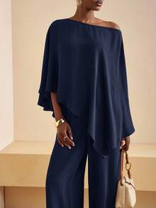 Zivah New New Fall And Winter Women Clothes Casual Commuting Brown Loose One-Shoulder Irregular Top + High Waist Wide-Leg Trousers Women Two Pieces Set, ,Back To School,Country Concert Outfit,Homecoming,Halloween,Christmas,Brunch Outfits For Women,Going Out Outfits , Church Outfits Women,Travel, Shopping-A - Navy Blue - View 5