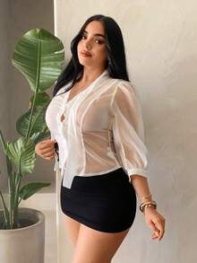 SHEIN SXY 沙滩网纱透视荷叶边下摆性感度假上衣，适合派对、夏季、春季、情人节、海滩、外出、度假等场合，网纱材质，透视效果，白色，透视衬衫，女士性感上衣，透视上衣，透视衬衫 - 白色 - 查看 8