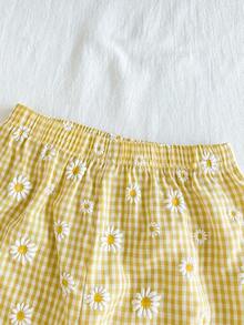 Vintaside Kids 少女黄色格子雏菊印花泡泡袖上衣和配套长裤套装，适合外出、休闲穿着和派对。 - 彩色 - 查看 8