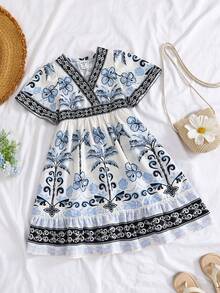 Emery Rose Kids Váy thường ngày cổ chữ V họa tiết hoa nhí cho bé gái - Xanh và trắng - Xem 9