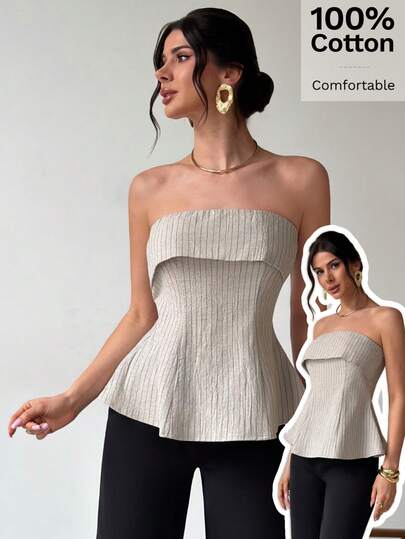Firerie Women's Cotton Rib-Knit Foldover Tube Top, Women's 100% Cotton Strapless Peplum Top Comfortable Design, Linen Cotton Midriff-Baring, Suitable For Daily Outdoor Wear, Spring/Summer, Teacher, Outdoor Activities, Vacation, Business Casual, Office, Commuter , Stylish Strapless Ribbed Cotton Peplum Top For Women Perfect Casual Wear