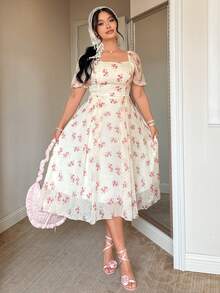 Celure Große Größen Langes Kleid für Damen mit quadratischem Ausschnitt, Polka Dot Ausschnitt-Muster, rosa Puffärmeln und taillierter Taille, eleganter Damenstil für Dates, Frühling/Sommer - Pink - Übersicht 4