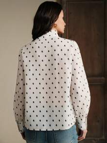Anewsta 优雅高端时尚褶皱随机印花立领宽松女式长袖衬衫 女士衬衫 夏季衬衫 女士纽扣衬衫 波点衬衫 女式衬衫 - 米色 - 查看 7