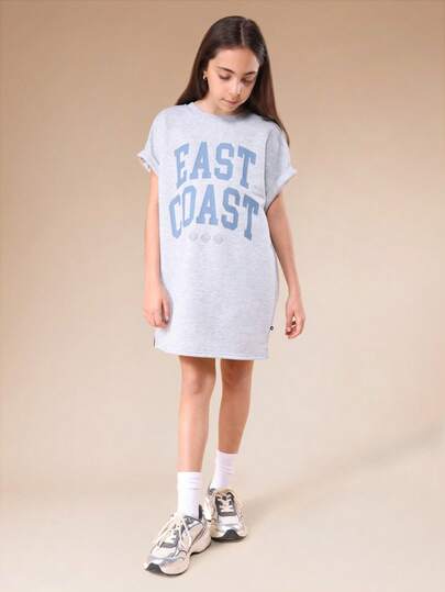 SUMWON East Coast Oversized T-Shirt Dress With Bold Blue Text Print Short Sleeve Casual Summer Tween Longline Top