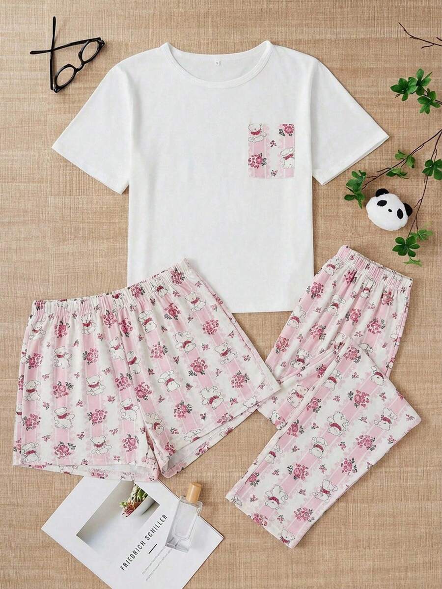 SHEIN Cute Pattern 3 Pieces Relaxing Lounge Set With Pocket Detailed - Pink - View 1