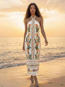 CAJUNI Women's Elegant Floral Print Long Dress With Crisscross Straps And Tie Back Summer Beach Maxi,Tropical Vacation Cute Sleeveless Resort - Apricot - View 3