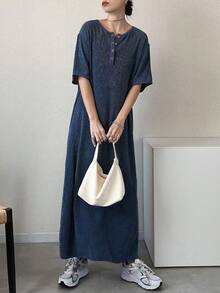 FRIFUL Women's Half-Placket Textured Fabric Straight Long Dress - Blue - View 1