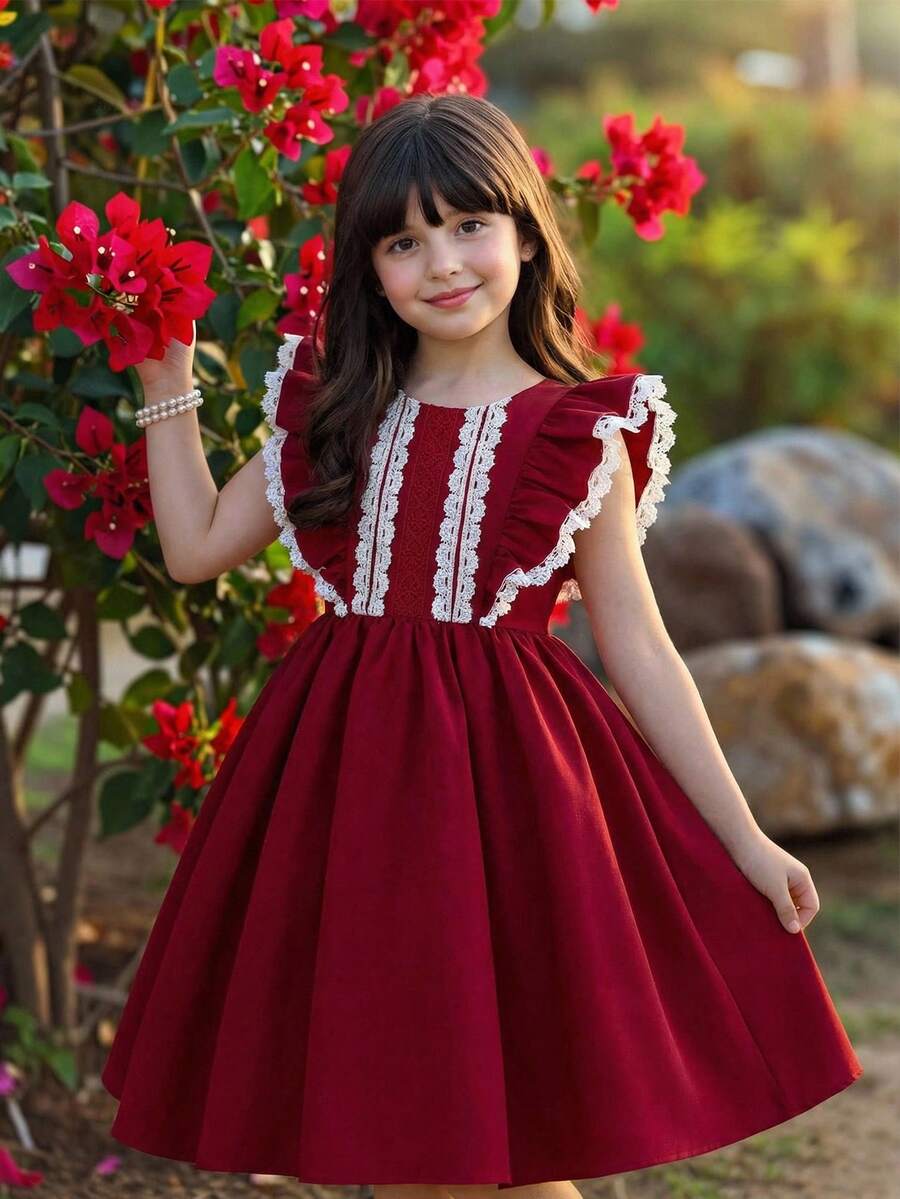 Emery Rose Kids Emery Rose Kids Vestido casual con cuello redondo, volantes en el bajo y contraste de colores para niña - Rojo - Ver 1