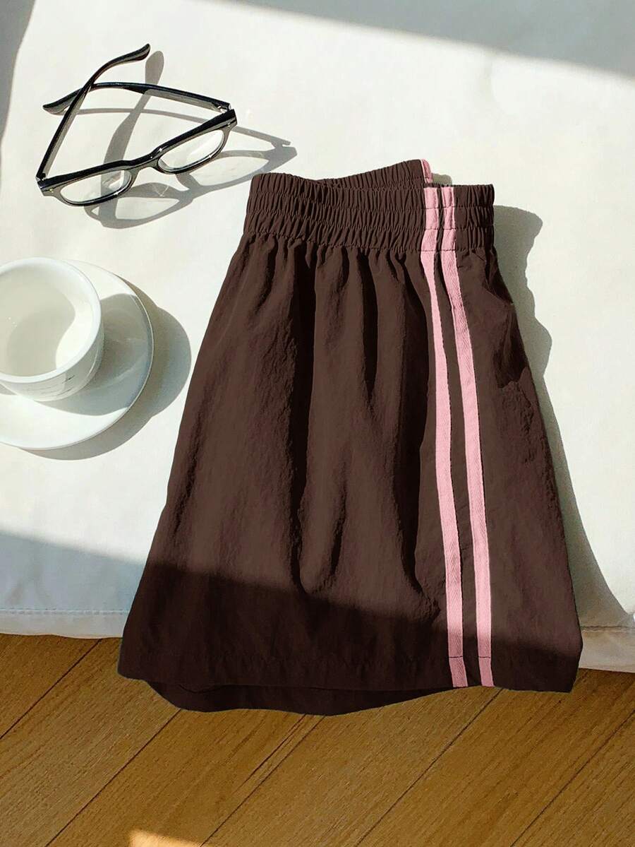 Comfortcana Women's Elastic Waist Brown Striped Shorts,Summer Athleisure Gym Casual Sports Loose Contrast Pink Side Stripe Versatile Daily Street Wear Cargo - Brown - View 1