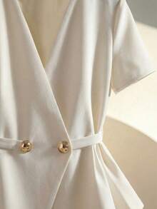 GlowEve Women's V-Neck Double-Breasted Metal Button Waist Tie Waist Thin Jacket - Apricot - View 5