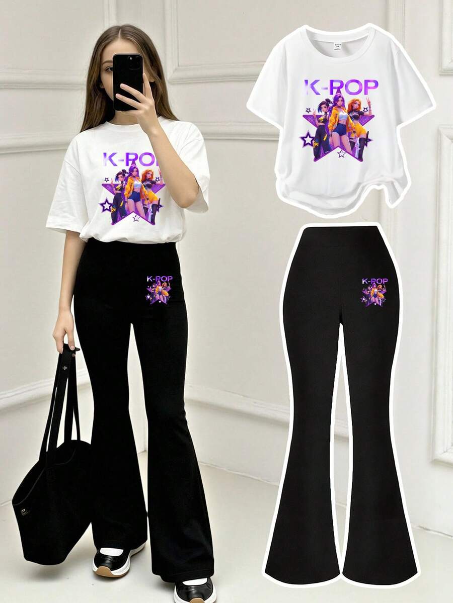Set de 2 piezas con camiseta de manga corta y cuello redondo con estampado de ídolo K-Pop y pantalones acampanados negros para niña preadolescente - Blanco y Negro - Ver 1