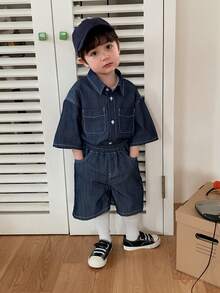 DAZY 2pcs Toddler Boys Retro Washed Denim Collared Top And Shorts Set - Blue - View 6