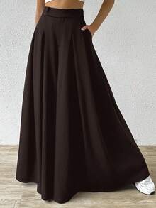 SHEIN EZwear 大码纯色褶裥休闲阔腿裤，春夏款 - 棕色 - 查看 5