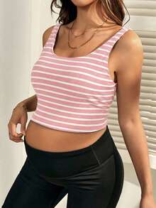SHEIN Maternity Casual Vacation Daily Commute Striped Print Cropped Nursing Tank Top, Summer - Baby Pink - View 7