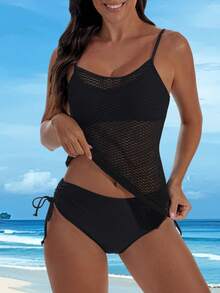 Swim Lushoire Mature Style Black Mesh Hollow Out Spaghetti Strap Two Pieces Swimwear With Side Drawstring Detail, Charming Beach Resort Swimwear Set - Black - View 1