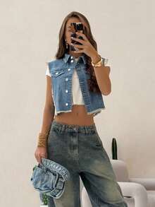 TRNVIE Women's Casual Retro Single-Breasted Frayed Hem Denim Vest, Summer - Medium Wash - View 8