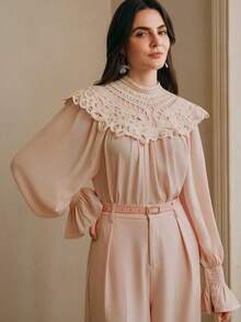 Anewsta 春夏新款粉色系中国风温柔优雅上衣，民族风新款设计，蕾丝云朵肩部和喇叭袖，宽松版型。 - 淺粉色 - 查看 4