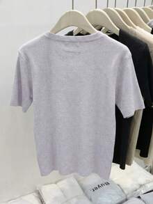SHEIN 优雅低领极简纯色百搭短袖上衣 - 淺灰色 - 查看 2