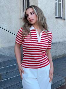 Jeta Ari Women's Casual Striped Button-Up Short Sleeve T-Shirt, Summer, Red And White Top, Red Stripe Knit Top, Knit Top Women, Stripe Top - Red - View 5