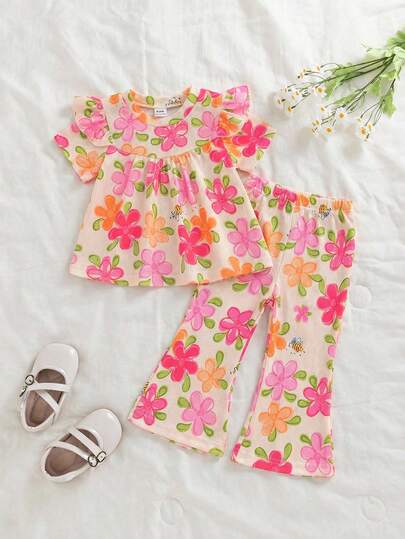 2pcs Baby Girl Outfit Set, Overall Beige Base With Pink & Orange Floral, Green Leaf Print And Bee Decor, Fresh And Cute Style, Striped Fabric With Ruffle Cuffs, Loose Fit For Play And Daily Wear, Spring/Summer