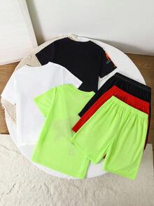 SHEIN 3套买二送一 儿童青少年男孩休闲运动篮球数字投篮印花圆领短袖T恤和短裤套装，适合春夏季节、郊游、情人节、约会、旅行、度假、家庭聚会、返校、婚礼、晚宴、运动、生日派对等场合。 - 彩色 - 查看 4