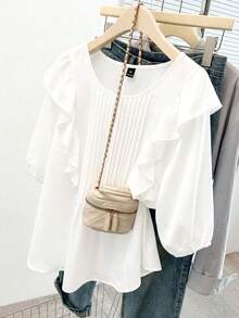 GlowEve CURVE 大码女式纯色圆领灯笼袖荷叶边下摆拼接宽松衬衫 - 白色 - 查看 1