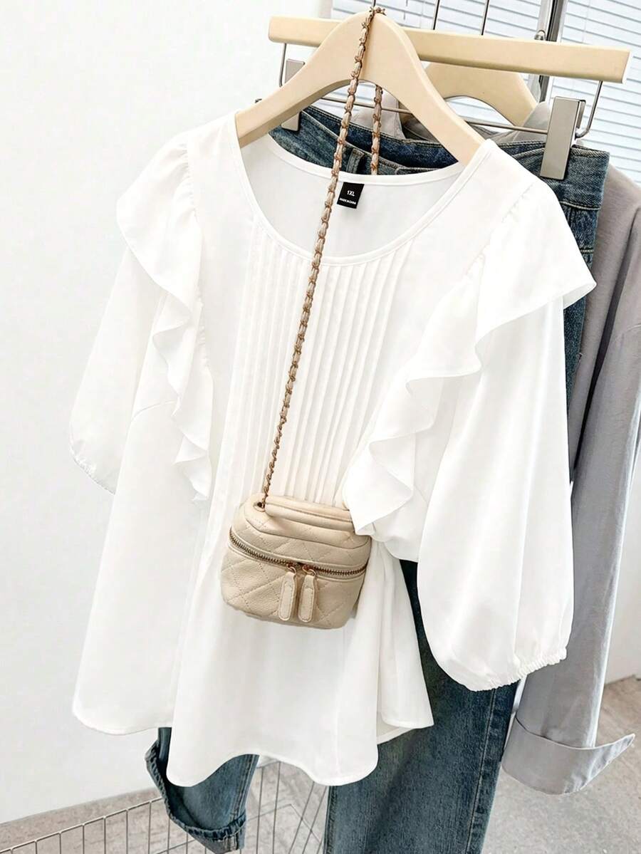 GlowEve CURVE 大码女式纯色圆领灯笼袖荷叶边下摆拼接宽松衬衫 - 白色 - 查看 1