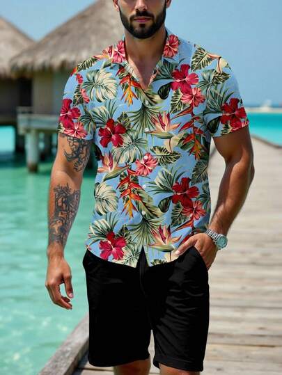 Manfinity RSRT Camisa de manga corta con estampado tropical casual para hombre, moda de verano para vacaciones