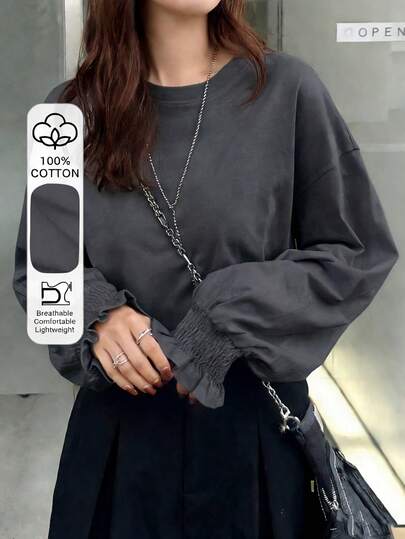 FRIFUL 女性用カジュアル デイリー 無地 ラウンドネック ドロップショルダー ルーズ 長袖Tシャツ、秋 春服