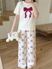 1 Set Teen Girl Bowknot Cream Top + Bowknot Pajama Pants, Stretchy Knit Fabric, Machine Washable, Comfortable Fit, Family Matching Outfits (1 Set Sold Separately),Kids - Multicolor - View 7