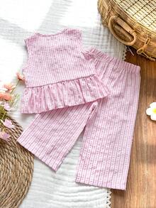 SHEIN Vintaside Kids 2件套女婴幼儿/新生儿0-3岁春夏休闲甜美日常度假条纹色织无袖背心上衣衬衫阔腿裤两件套 - 粉色 - 查看 2