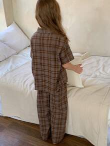 DAZY Tween Girls Plaid Print Short Sleeve Top And Pants Pajama Set - Brown - View 3