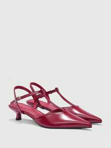 CUCCOO BIZCHIC Women's Patent Leather Pointed Toe T-Strap Backless Stiletto Heel Sandals, Fashionable Minimalist Design For Commuting - Red - View 7