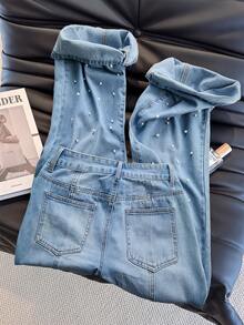 GlowEve Nuevos jeans de mujer de mezclilla holgados y casuales con detalles de strass y perlas falsas - Azul lavado medio - Ver 2
