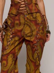MUSERA Low Rise Abstract Print Lace Up Detail Flared Denim Jeans Spring Summer Sexy Date Night Club Festival Holiday Night Out Vacation Soul Ties - Multicolor - View 5