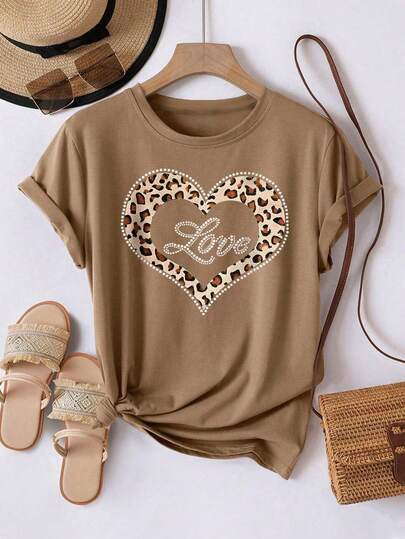 EMERY ROSE Plus Size Women's Fashion Faux Crystal & Leopard Print Round Neck Short Sleeve T-Shirt