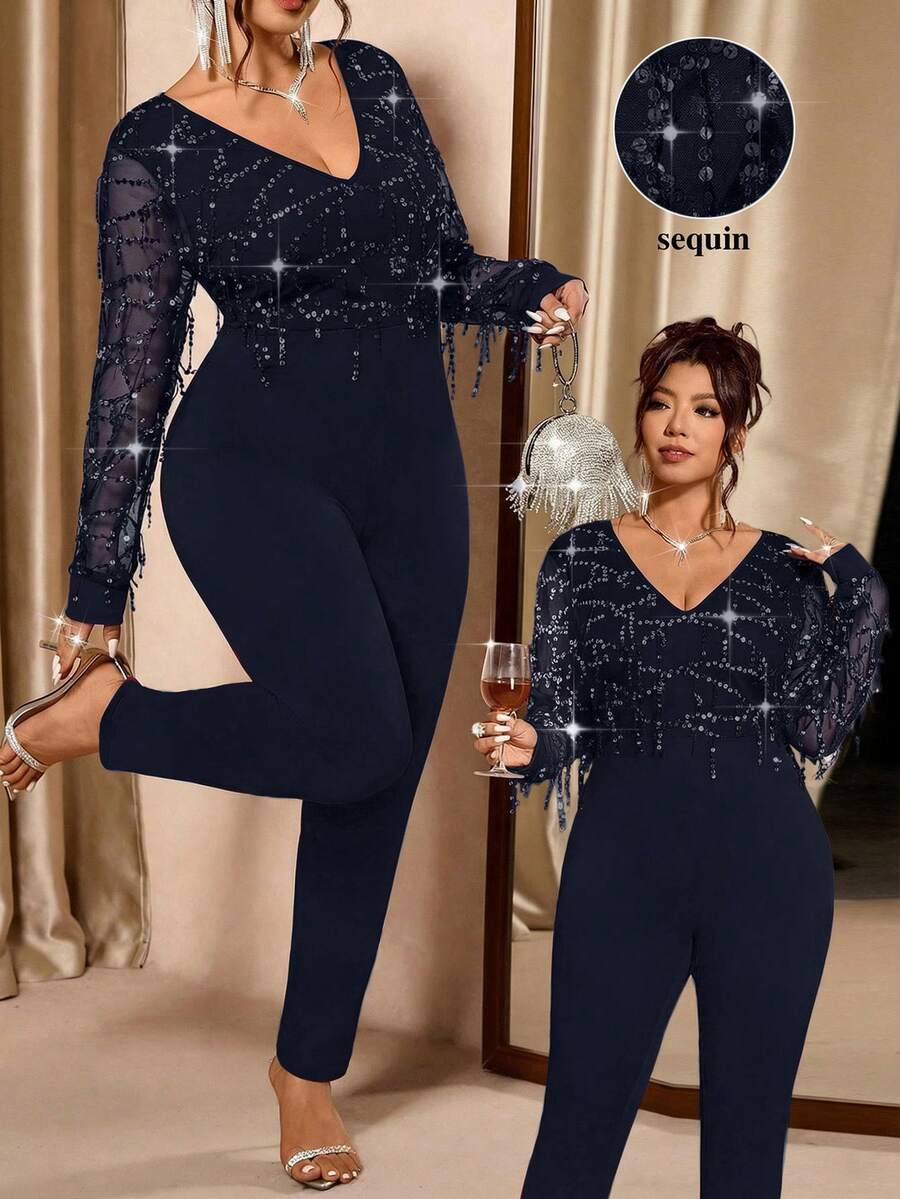 SHEIN Allurite Bộ jumpsuit dài tay cổ chữ V bằng vải lưới, đính sequin và hạt cườm, cỡ lớn, thanh lịch. - Màu xanh hải quân - Xem 1