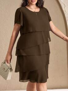 Chikora Vestido de Festa de Encontro da Moda com Decote Redondo e Cor Sólida para Mulheres Plus Size - Castanho - Visão 4