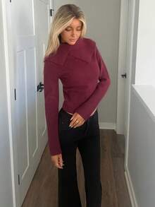 Sydney Algeri 女士酒红色高领长袖修身毛衣，秋冬季 - 酒紅色 - 查看 4